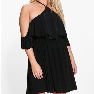 Black off shoulder halter neck dress